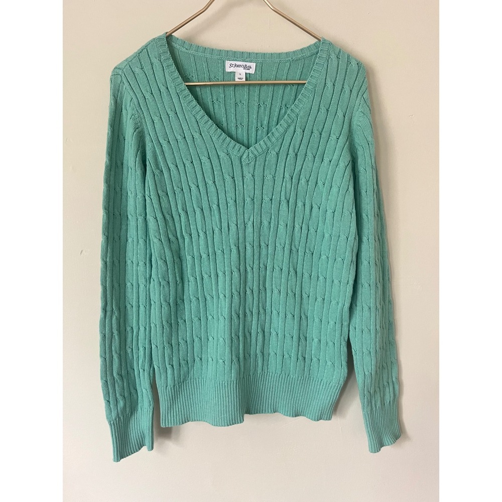 St Johns Bay Mint Green Cable Knit V-Neck Sweater Womens Large Preppy Pastel L